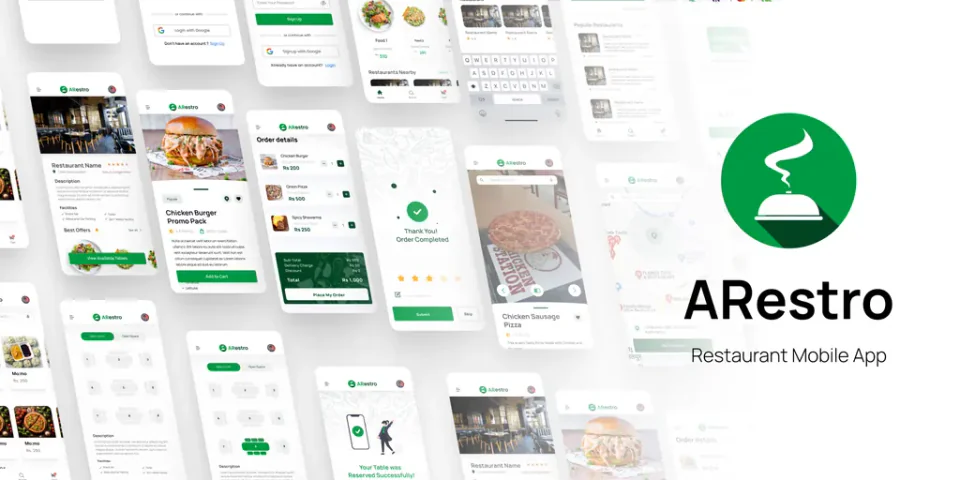 ARestro, a restaurant mobile app, shown as a scatter of phone screens with a green cloche logo.