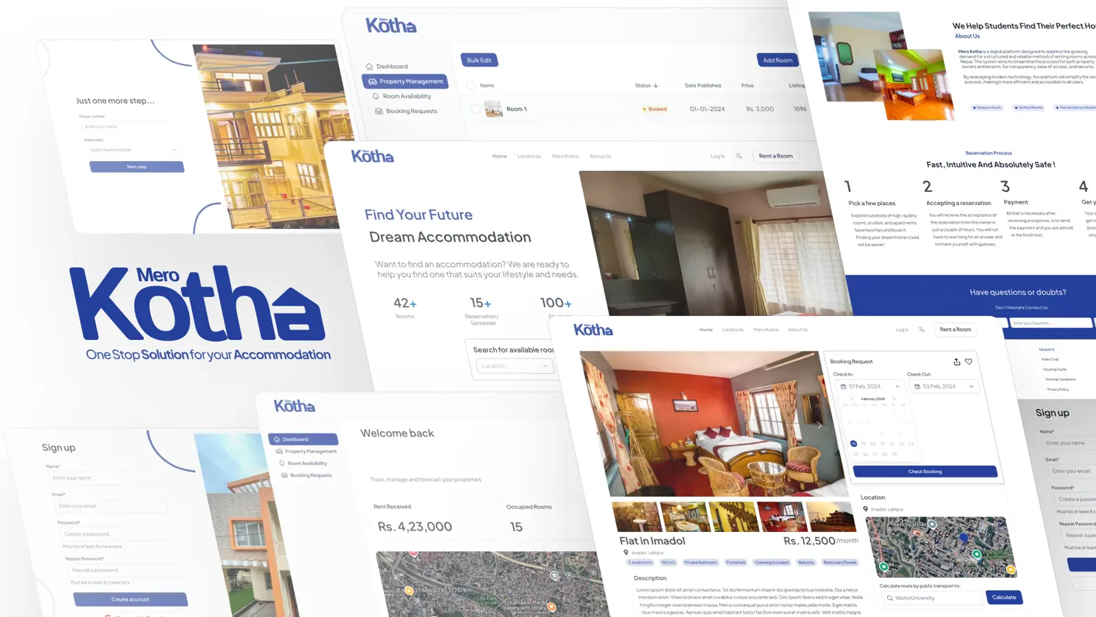 Mero Kotha, a rental-housing search concept, shown as overlapping listing and sign-up screens beside its logo.
