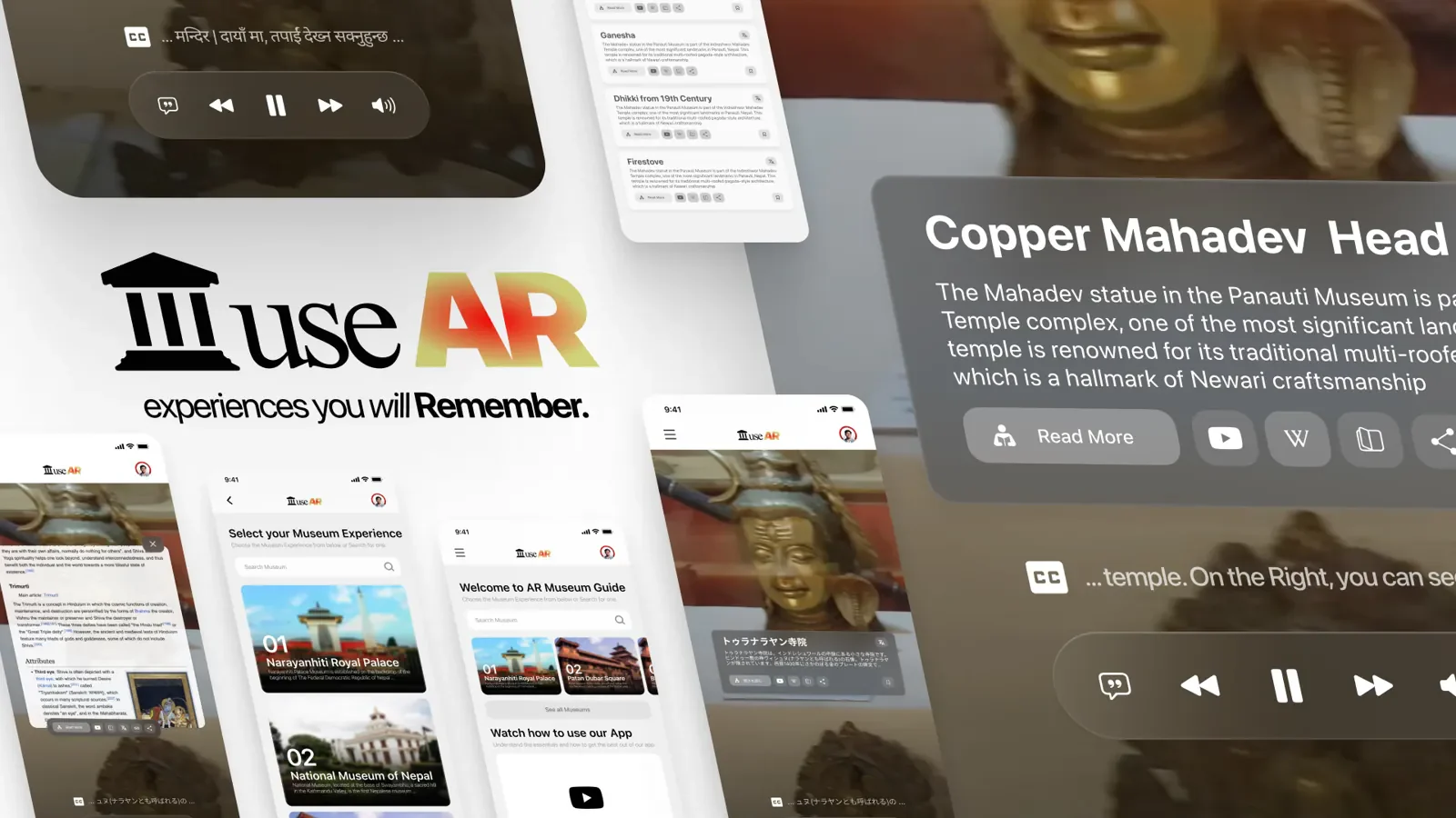 museAR, an AR museum guide concept, shown as phone screens and an exhibit description card beside its logo.